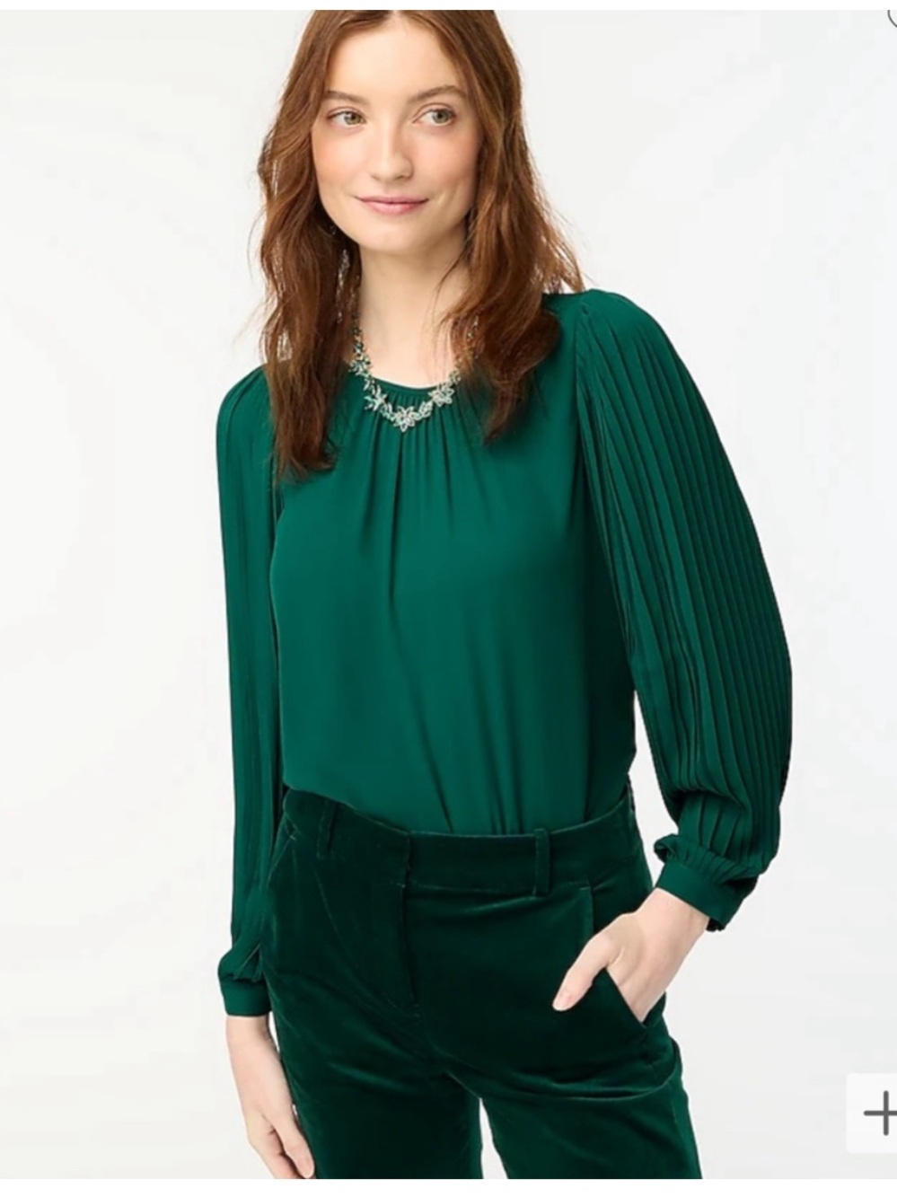 J. Crew Factory Pleated-Sleeve Blouse in Emerald Green Size S